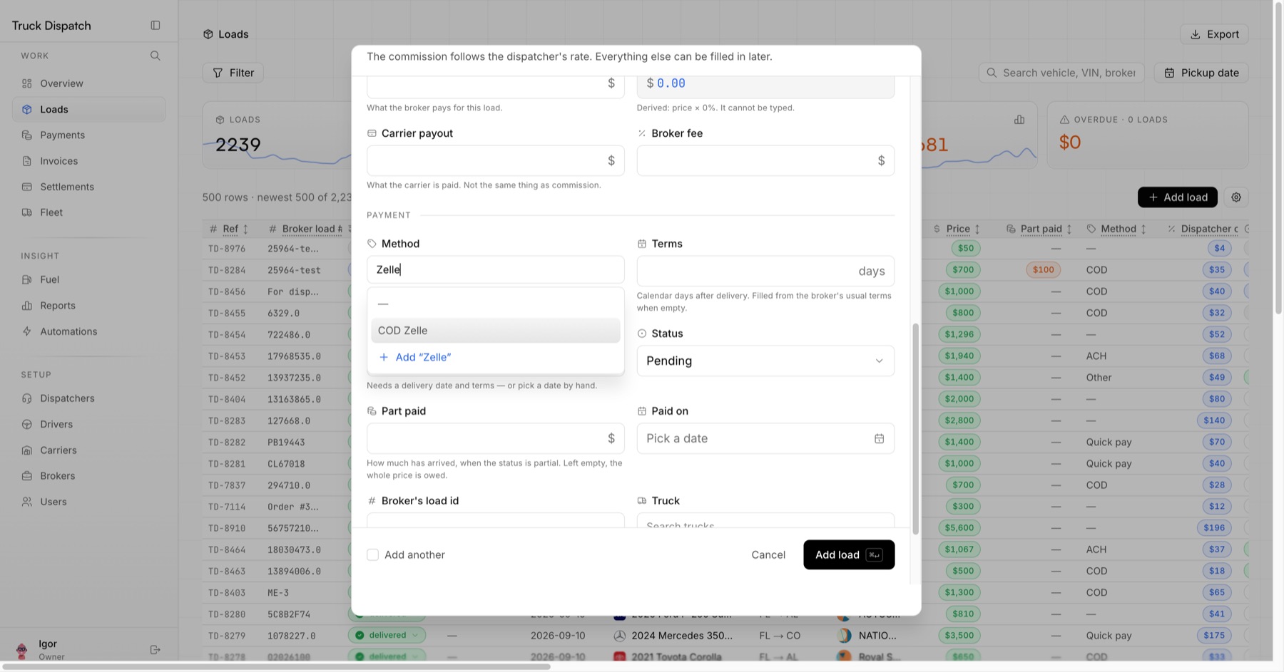 Method: набрали «Zelle» — можна обрати або додати новий
