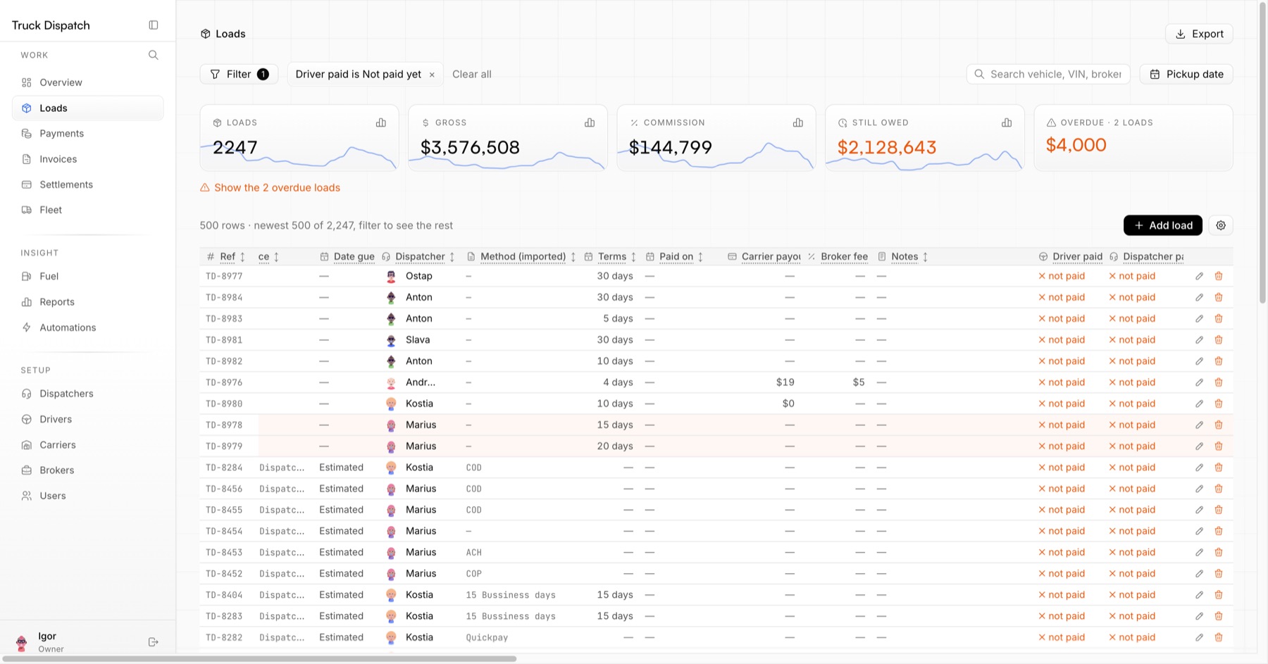 Loads: колонки Driver paid і Dispatcher paid, фільтр «Driver paid — Not paid yet»