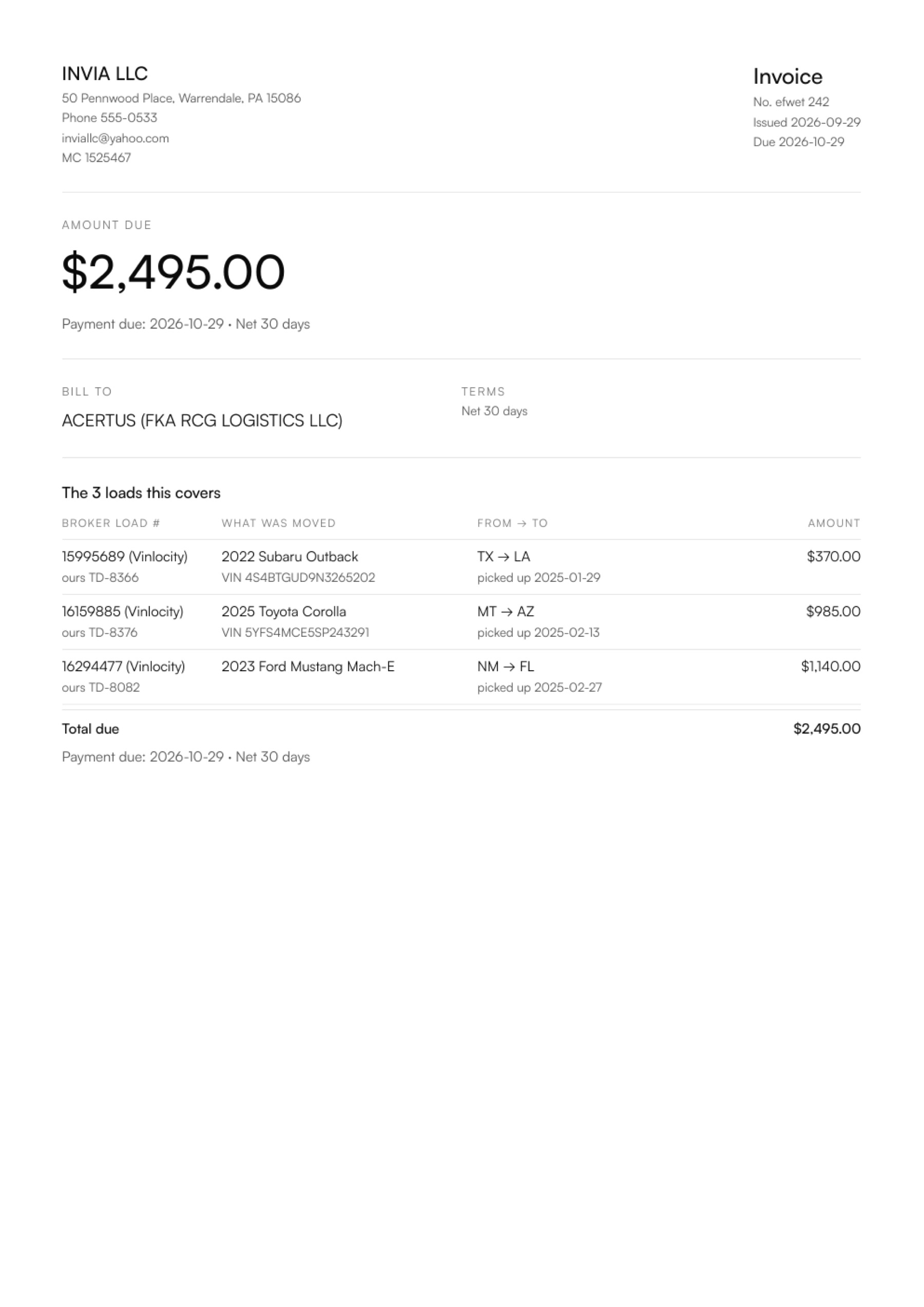 PDF інвойсу: Broker load #, Payment due 2026-10-29 · Net 30 days